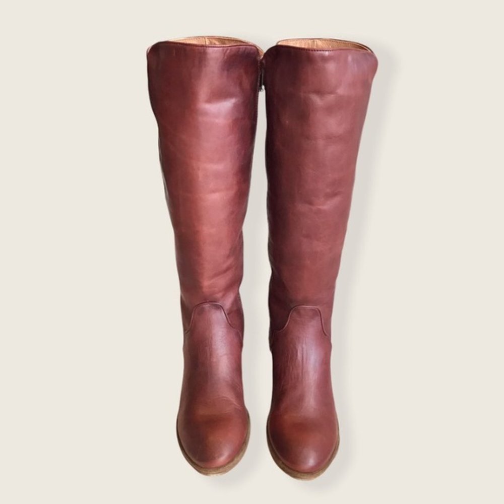 $429 Frye Carson Piping Redwood Mahogany Brown Real Leather Tall Riding Boot - Picture 9 of 13